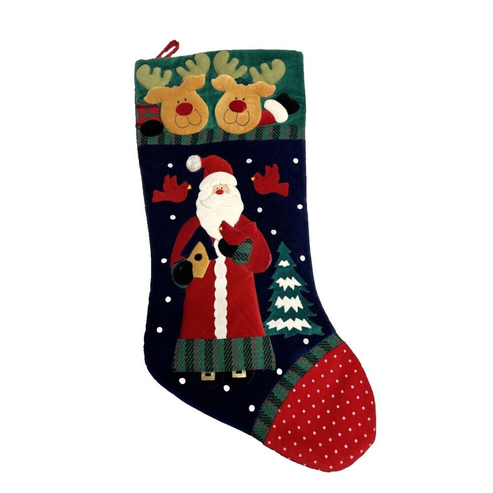 Christmas Stocking Prima Creations Santa St. Nick Reindeer Tree Birds Blue Red
